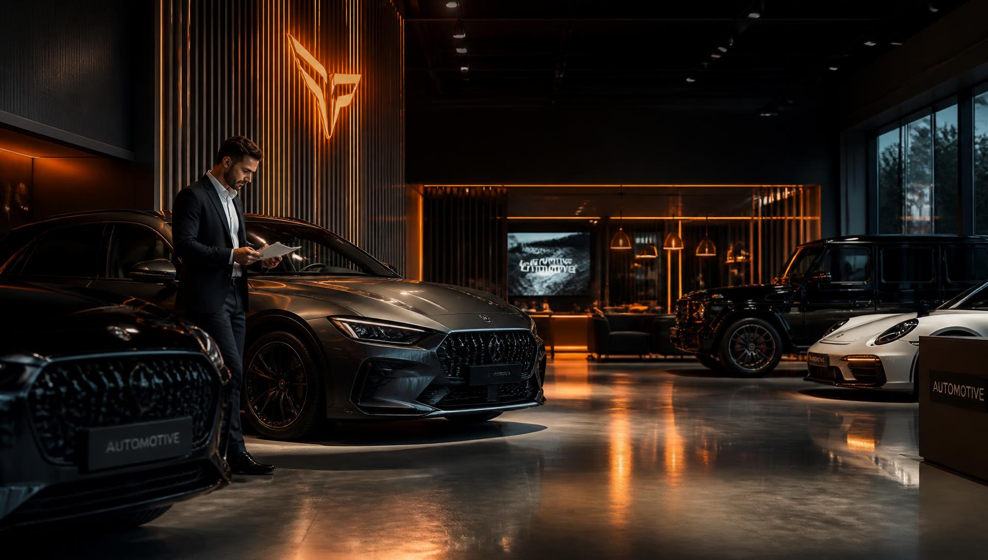 Professional automotive consultant in a premium dealership showroom
